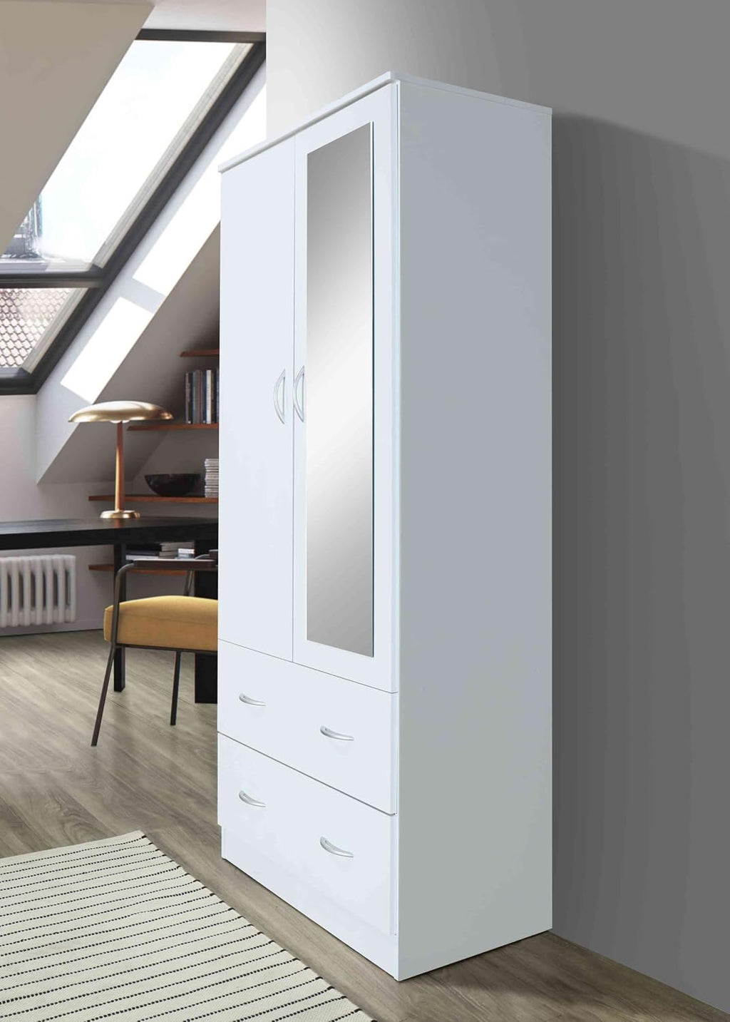 HODEDAH 2 Door Wood Wardrobe Bedroom Closet with Clothing Rod inside Cabinet, 2 Drawers for Storage and Mirror, White