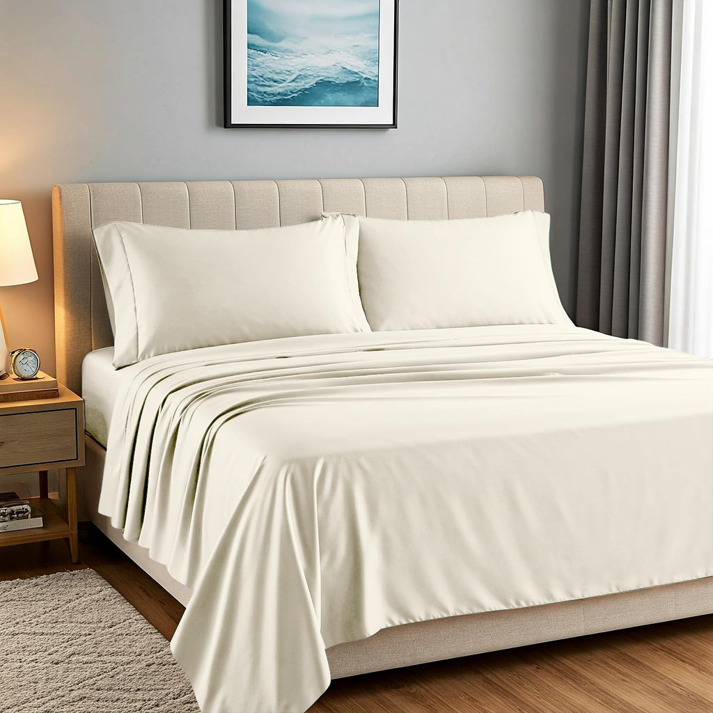 Carressa Linen 100% Egyptian Cotton Sheets Queen Size Bed Set - Luxury 1500 Series Heliconia Collection Egyptian Cotton Queen Sheet Set (4 PC, Ivory), 17' Deep Pocket, Sateen Hotel Quality Bedding