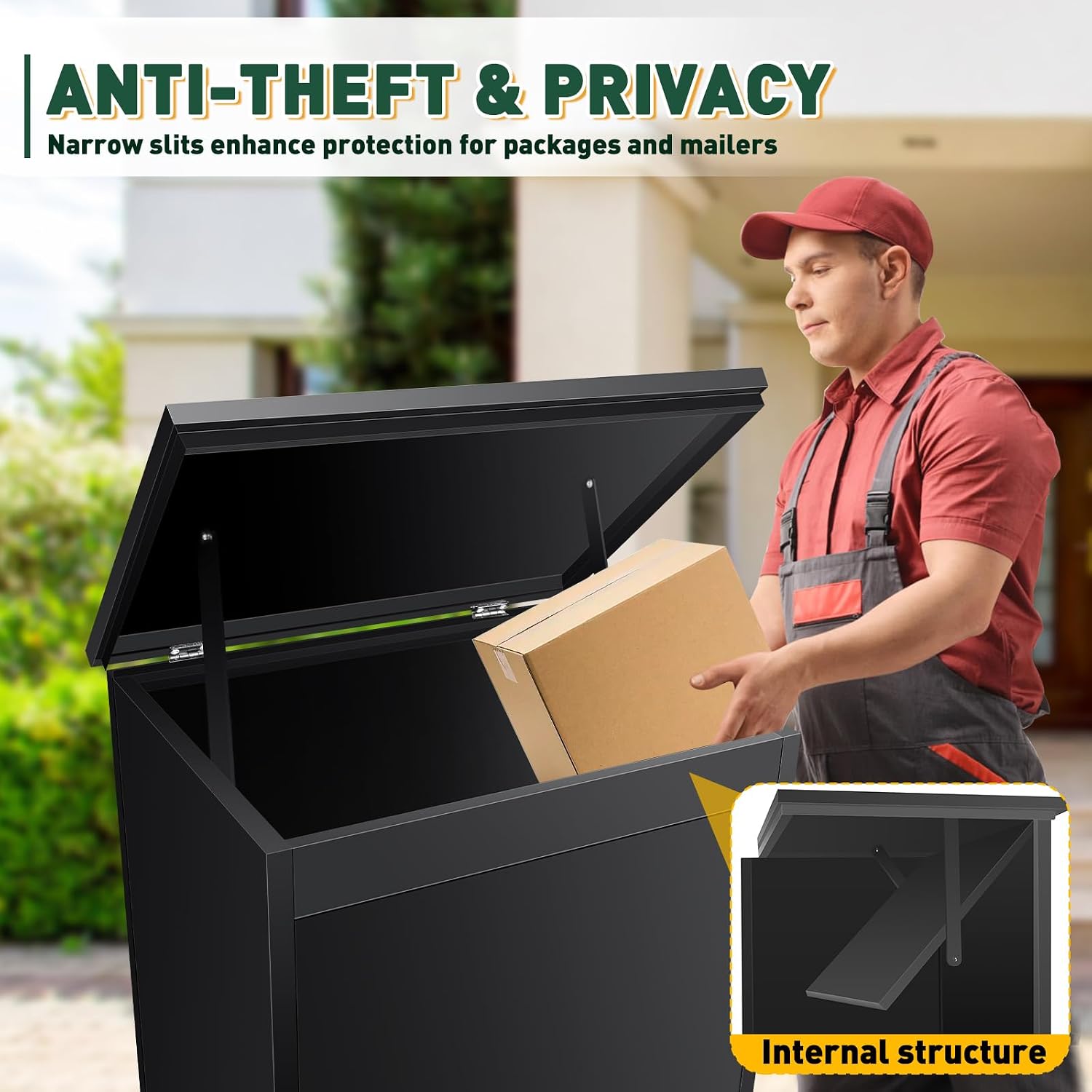 41.3' Package Delivery Box for Outside - Lockable Black Metal Parcel Drop Box, Anti-Theft, IPX4 Waterproof, Weather-Resistant Mailbox for Porch, Fence, Curbside (L)