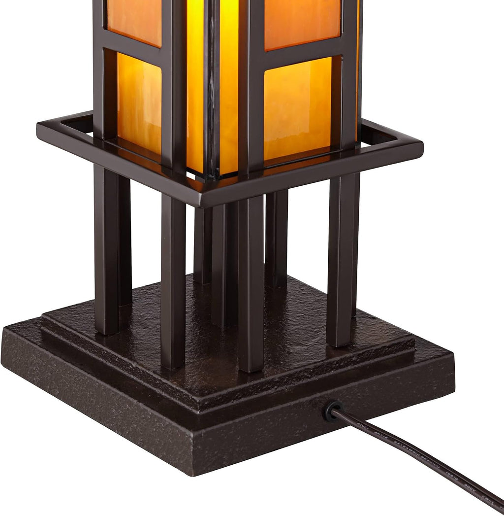 Robert Louis Tiffany Prairie Style Mission Rustic Pillar Accent Table Lamp Bronze Iron Column Hand-Cut Amber Stained Art Glass for Cottage Core Living Room Bedroom House Bedside Nightstand Family