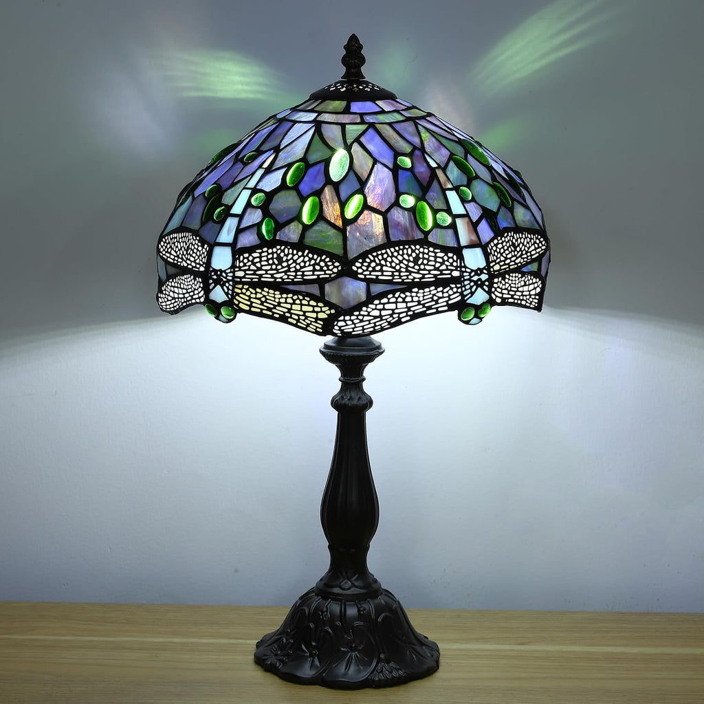 Tiffany Table Lamp Blue Dragonfly Stained Glass Table Lamps for Bedroom 12X12X19Inch 3 Way Color Temperatures Bedside Nightstand Home Office Desk Lamp Reading Lights with E26 LED Bulb