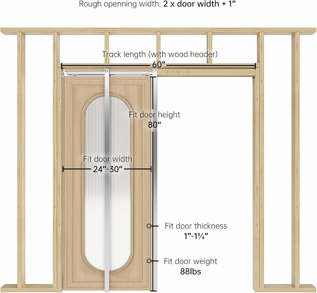EaseLife 30x80in Pocket Door Frame Kit with Two-Way Soft Close Mechanism for 2X4 Studs Wall,Sliding Hardware for 24'-30' Wide Door,Aluminum,Slide Smoothly Quietly,Easy Install,No Door (30in x 80in)