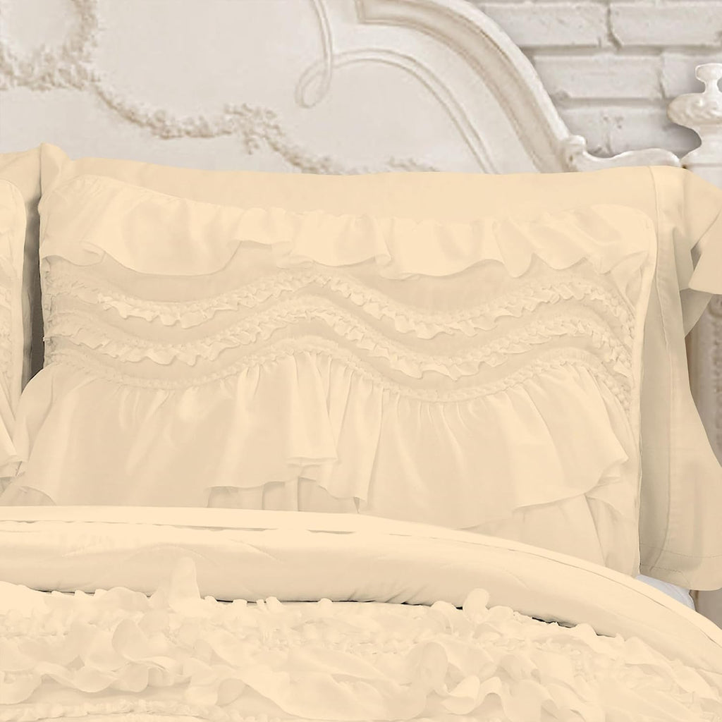 100% Egyptian Cotton, 550 GSM Microfiber Filled Quilt Ruffled Textured 3 Piece Full/Queen Size Comforter Set, Ivory