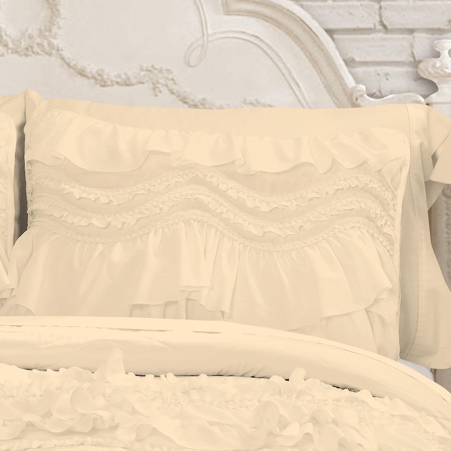 100% Egyptian Cotton, 550 GSM Microfiber Filled Quilt Ruffled Textured 3 Piece Full/Queen Size Comforter Set, Ivory
