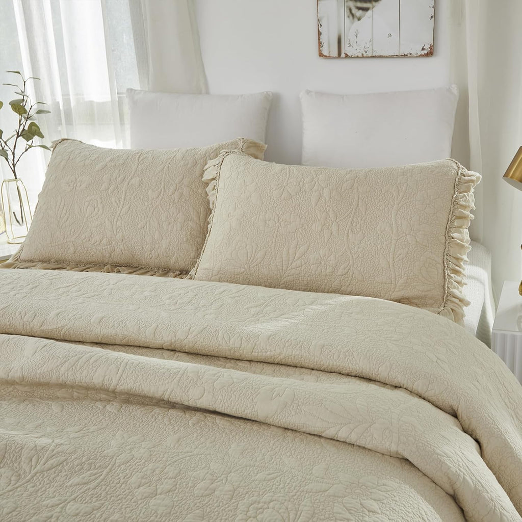 Brandream Luxury Cotton Quilt Set Queen Size ?Handcrafted Floral Vine Stitching Beige Ruffled Edge Bedspread Heirloom Quilt Bedding Set 3-Piece