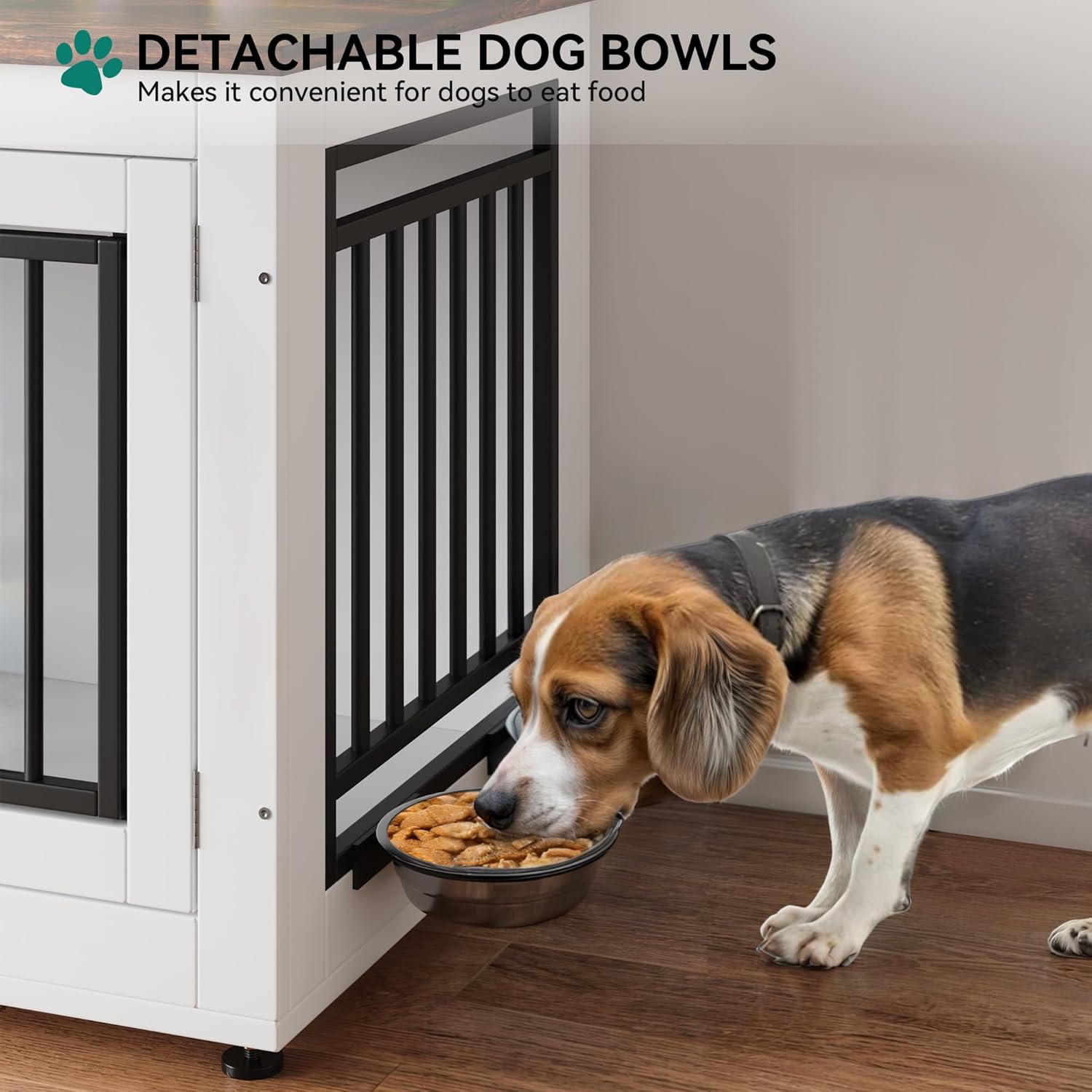 YITAHOME 28' Dog Crate Furniture, Wooden Side End Table with Adjustable Feet and Removable Bowls, Dog Kennel Indoor for Small Dogs