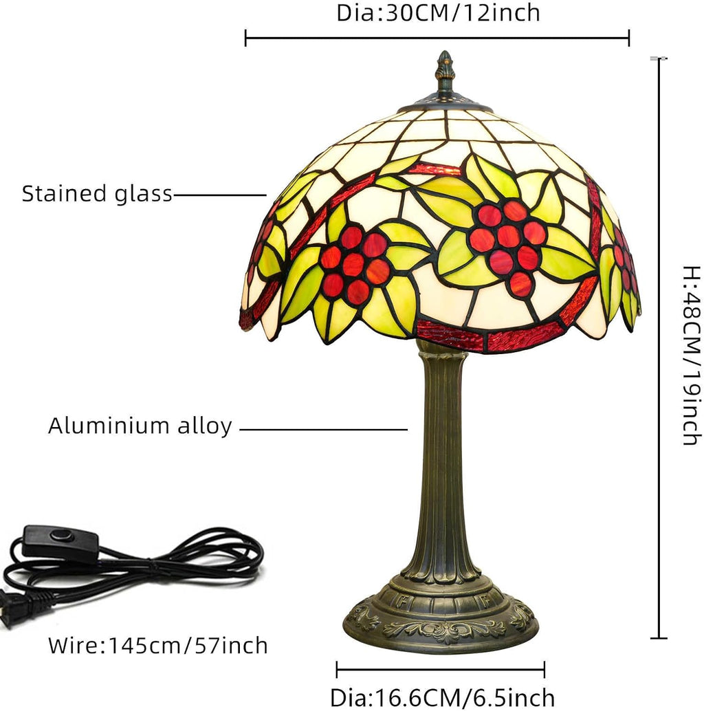 Tiffany Style Table Lamp with Green Leaf Red Grapes Stained Glass Lamp 12 Inch for Bedroom Bedside Lamp Kitchen Living Rooms end Bar Hotel Reading Vintage Art Lampshade Decor LED Desk Light