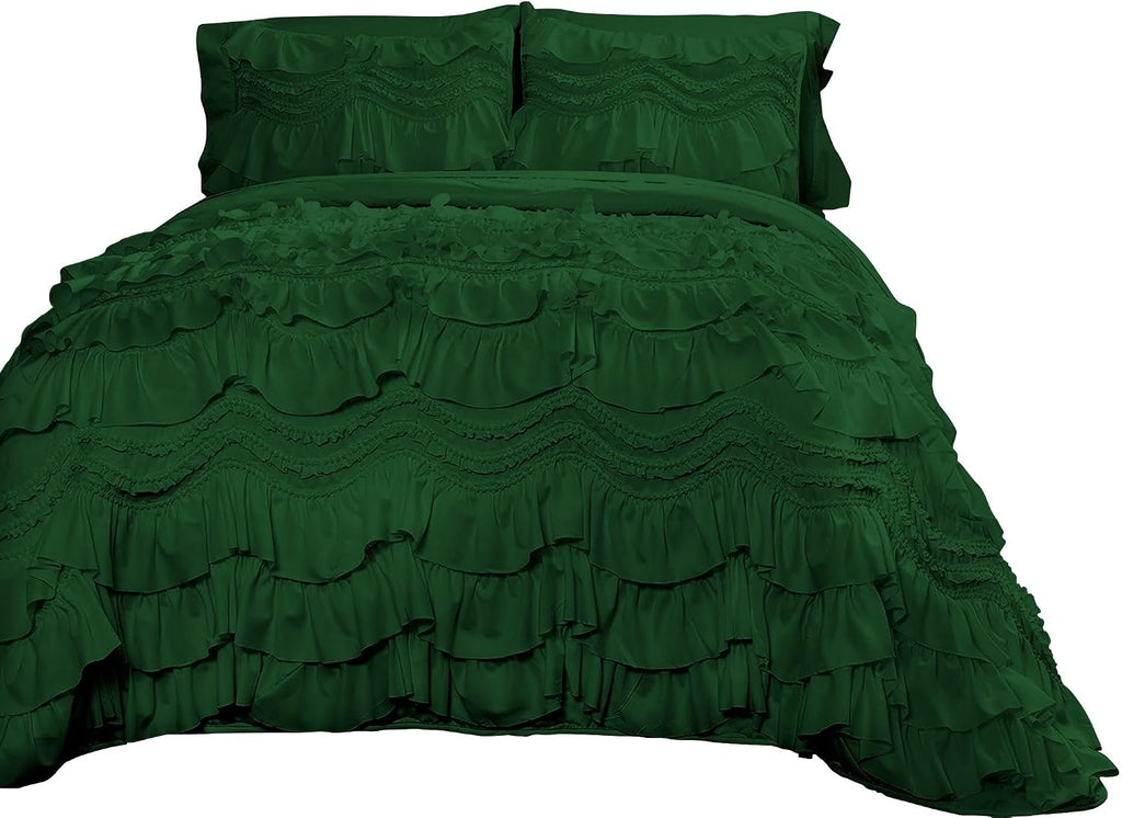 100% Egyptian Cotton, 550 GSM Microfiber Filled Quilt Ruffled Textured 3 Piece Full/Queen Size Comforter Set, Green