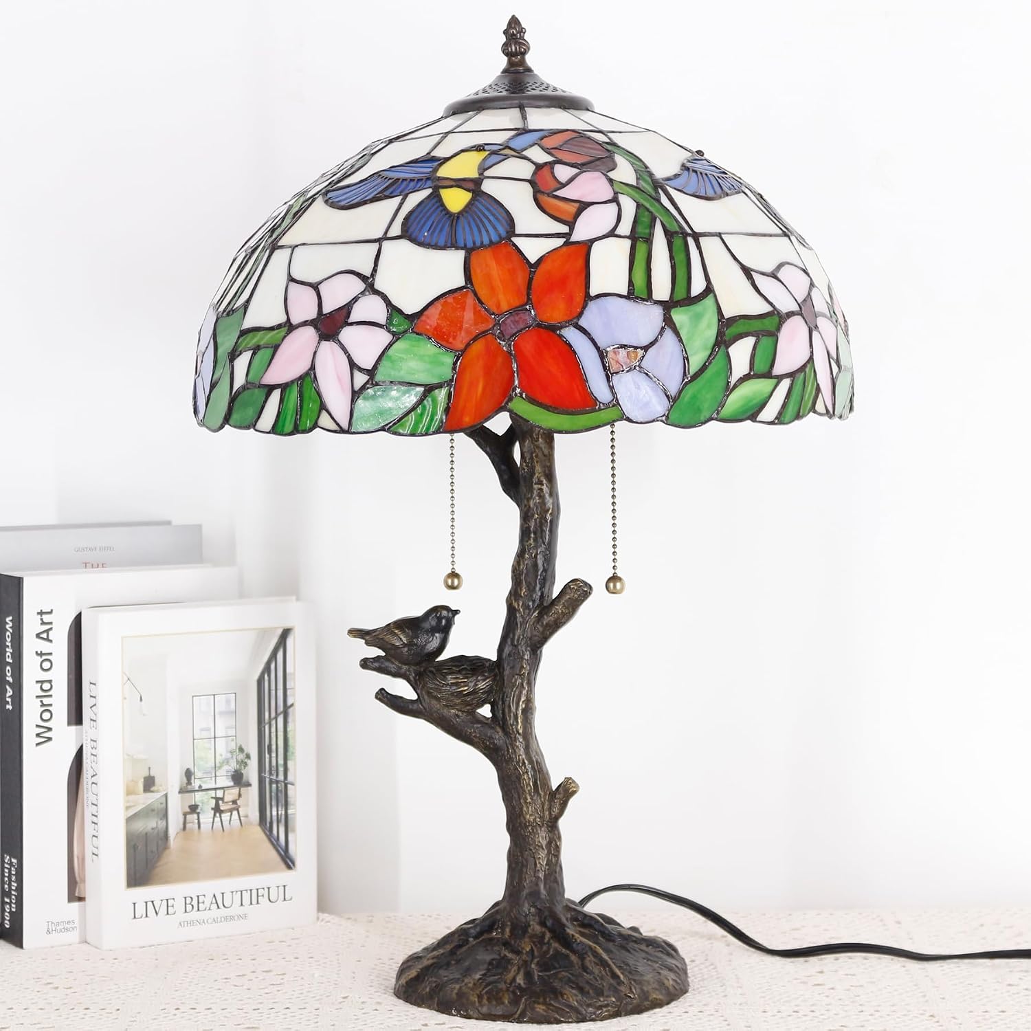 Large Tiffany Lamp Shade Replacement Only 16Inch Stained Glass Lampshade Fit For Table Lamps FLoor Lamp Ceiling Fixture Pendant Hanging Light Home Office Decoration (Cream Amber Hummingbird)