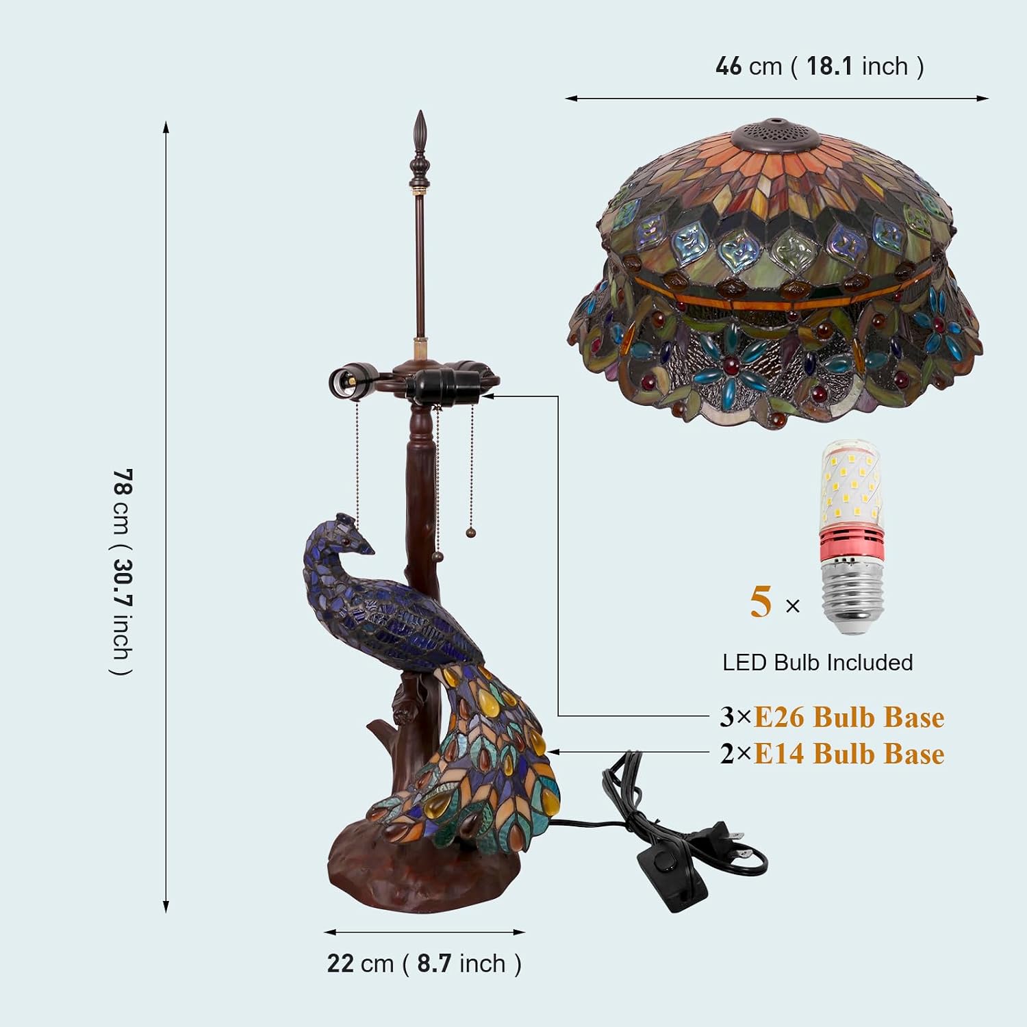 Tiffany Style Table Lamp Peacock Flower Style Handmade Stained Glass Lamp 18 Inch Wide 31 Inch Tall Vintage Desk Light Large Table Lamp for Bedroom Living Room Home Office Decoration