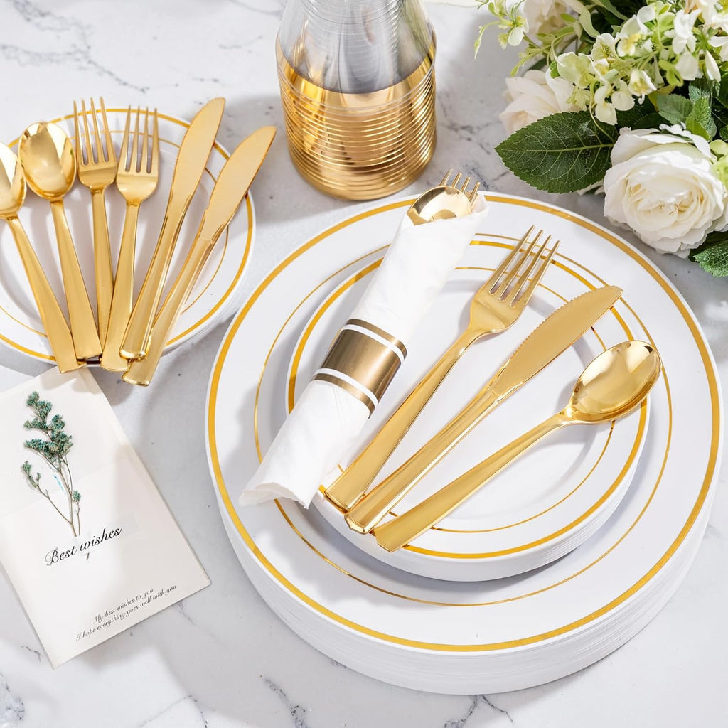 WELLIFE 700 Pcs Gold Plastic Plates for 100 Guests - Disposable Dinnerware Set,Party Supplies Includes 200 Gold Plates,300 Plastic Silverware,100 Napkins,100 Cups for Party and Wedding