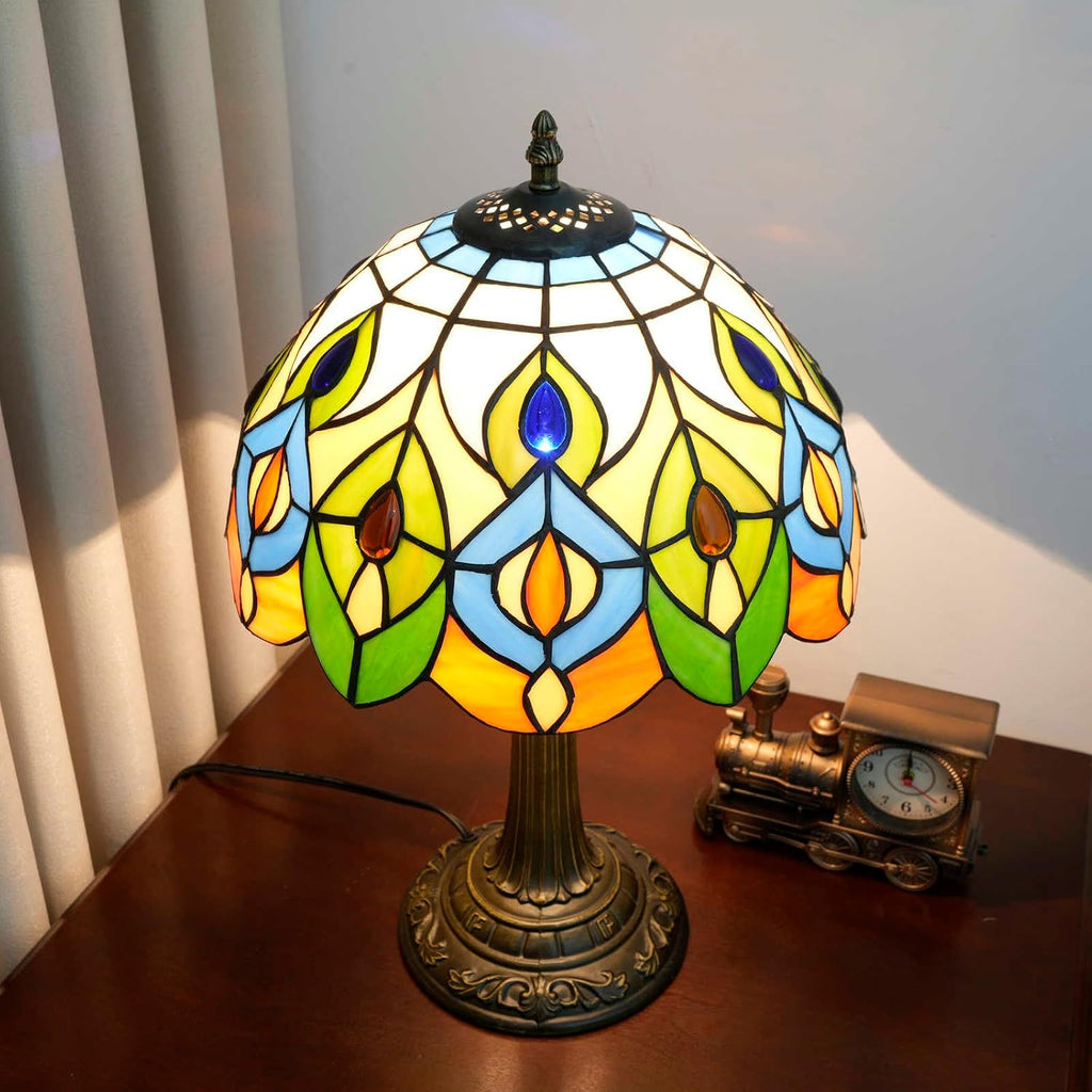 Tiffany Style Table Lamp With Retro Peacock Stained Glass Lamp 12 Inch Bronze Base Bedside Lamp Bedroom Living Rooms, Offices, Hotel Classics Luxury Style Decorative Ambient Light Bedside Lamp