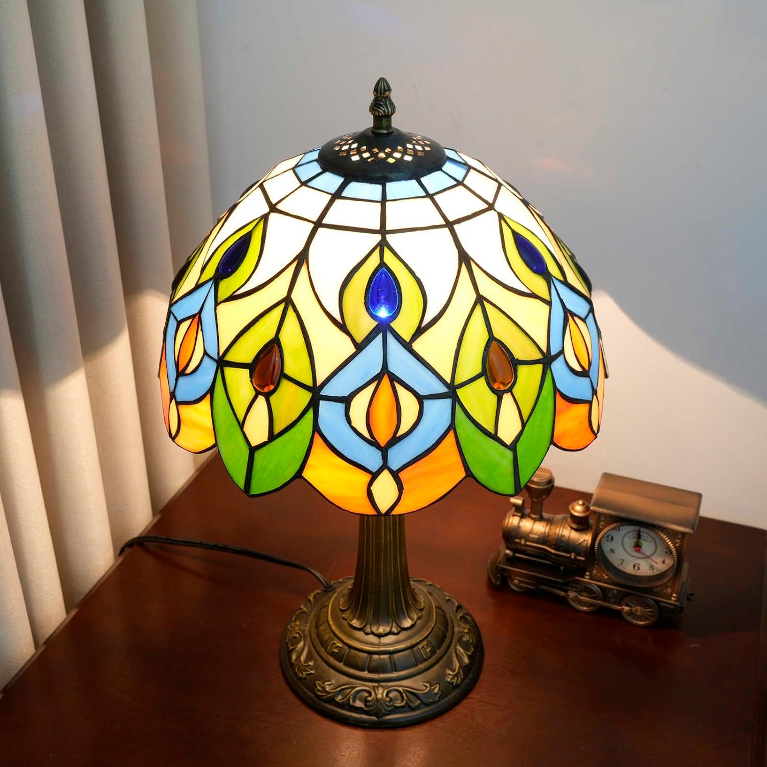 Tiffany Style Table Lamp With Retro Peacock Stained Glass Lamp 12 Inch Bronze Base Bedside Lamp Bedroom Living Rooms, Offices, Hotel Classics Luxury Style Decorative Ambient Light Bedside Lamp