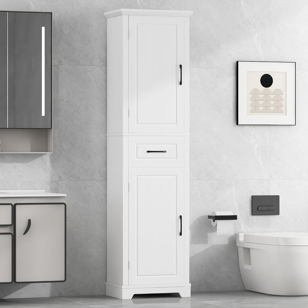 Tall Bathroom Storage Cabinet, Freestanding White Bathroom Accent Storage Cabinet with Built-in Door Shelf & Adjustable Shelves for Home Kitchen, Living Room (White Style4)