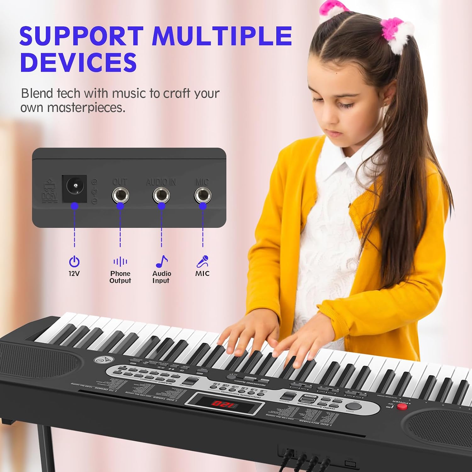Fenbeli 61 Key Keyboard Piano for Beginners, Electric Piano Keyboard with Stand and Bench, Microphone, Headphone, Sheet Music Stand, LED Screen, 200 Tones, Teaching Mode, Holiday Gift