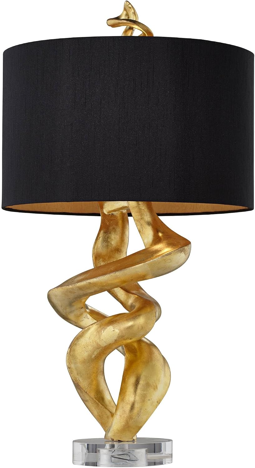 Kathy Ireland Impressions 33' Tall Sculpture Base Large Modern Luxury End Table Lamp Gold Leaf Finish Single Black Shade Living Room Bedroom Bedside Nightstand House Office Home Reading Kitchen