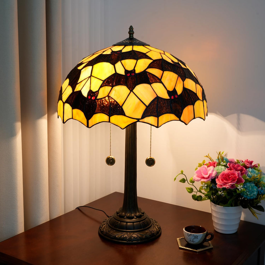 Tiffany Table Lamp Black Bat Design Stained Glass Lamp 16 inch Handmade Large Desk Light Antique Beside Reading Lamp for Home Living Room Bedroom Office