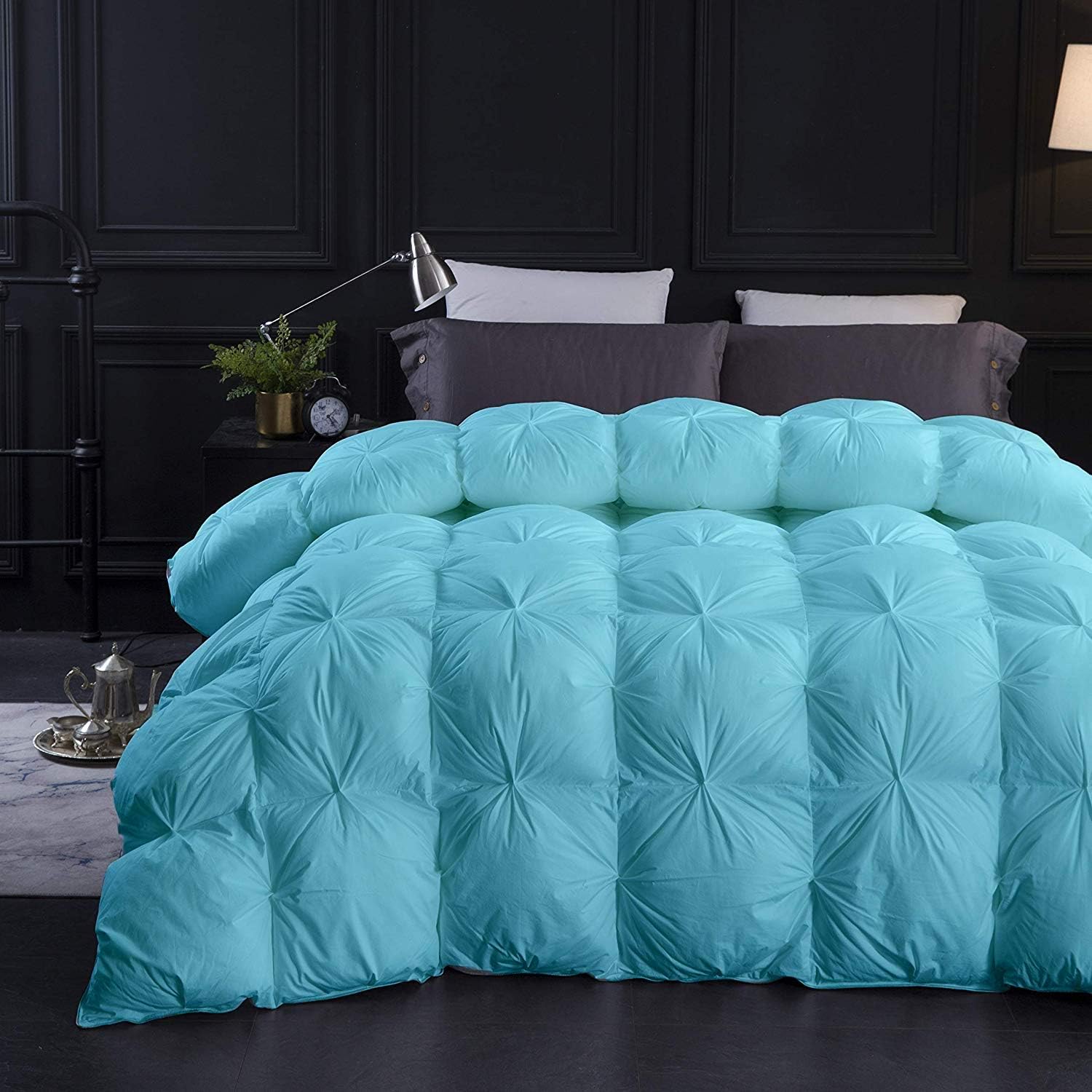 Aqua All Season Down Pin-Tuck Comforter- Oversized Queen Size 98 x 98 Inches 1 pc Pinch Pleated Comforter 600 GSM & 4-Corner Tab's 100% Egyptian Cotton- Aqua Solid