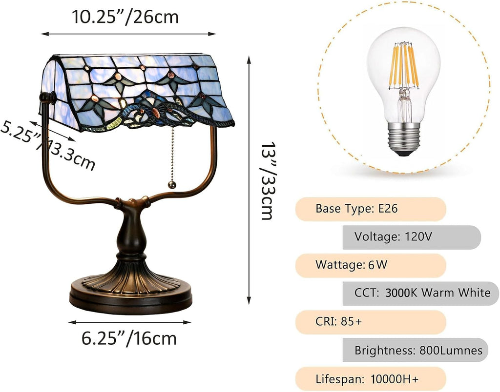 TL0031 Tiffany Banker Desk Lamp Stained Glass Blue Baroque Shade with Vintage Bronze Base W10.25 X OH13 Inch. Perfect for Piano Kitchen Beside Table, LED Bulb Included (Baroque)