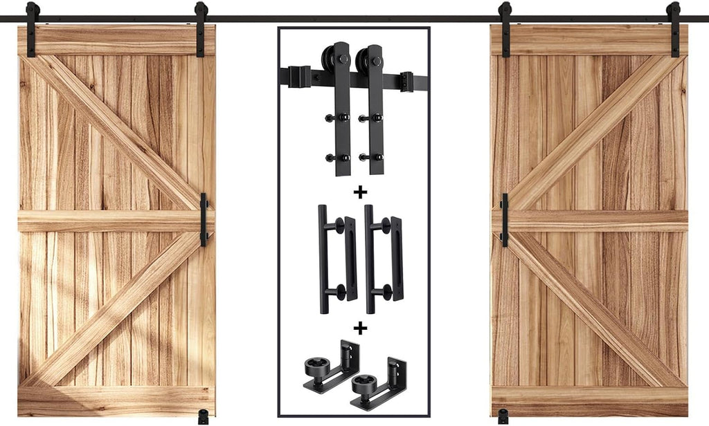 EaseLife 14 FT Double Sliding Barn Door Track and Handle Hardware Kit,Straight Pulley,Slide Smoothly Quietly,Easy Install (14FT Track Kit for 40'~42' Wide Double Door)