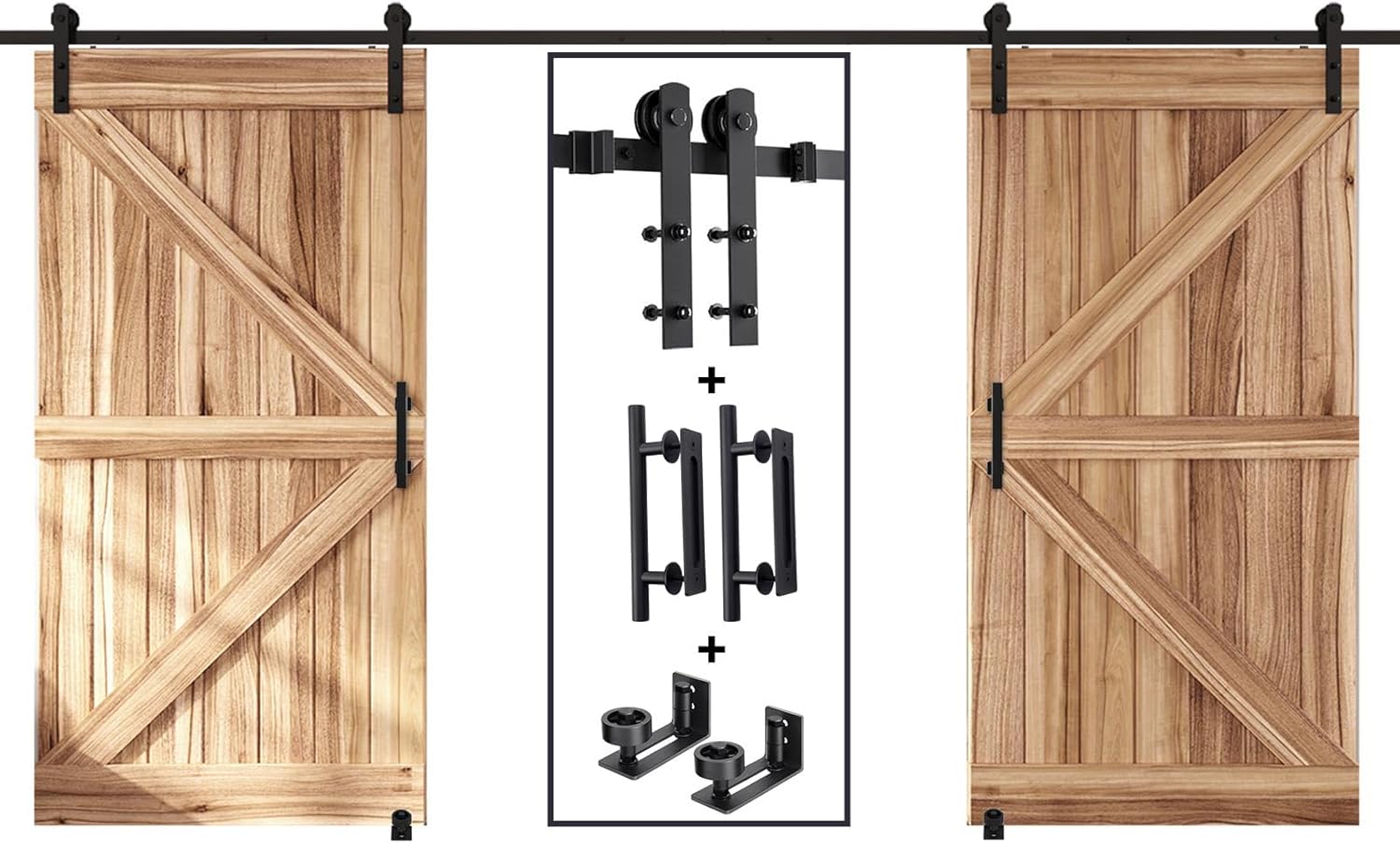 EaseLife 16 FT Double Sliding Barn Door Track and Handle Hardware Kit, Straight Pulley,Slide Smoothly Quietly,Easy Install (16FT Track Kit for 44'~48' Wide Double Door)