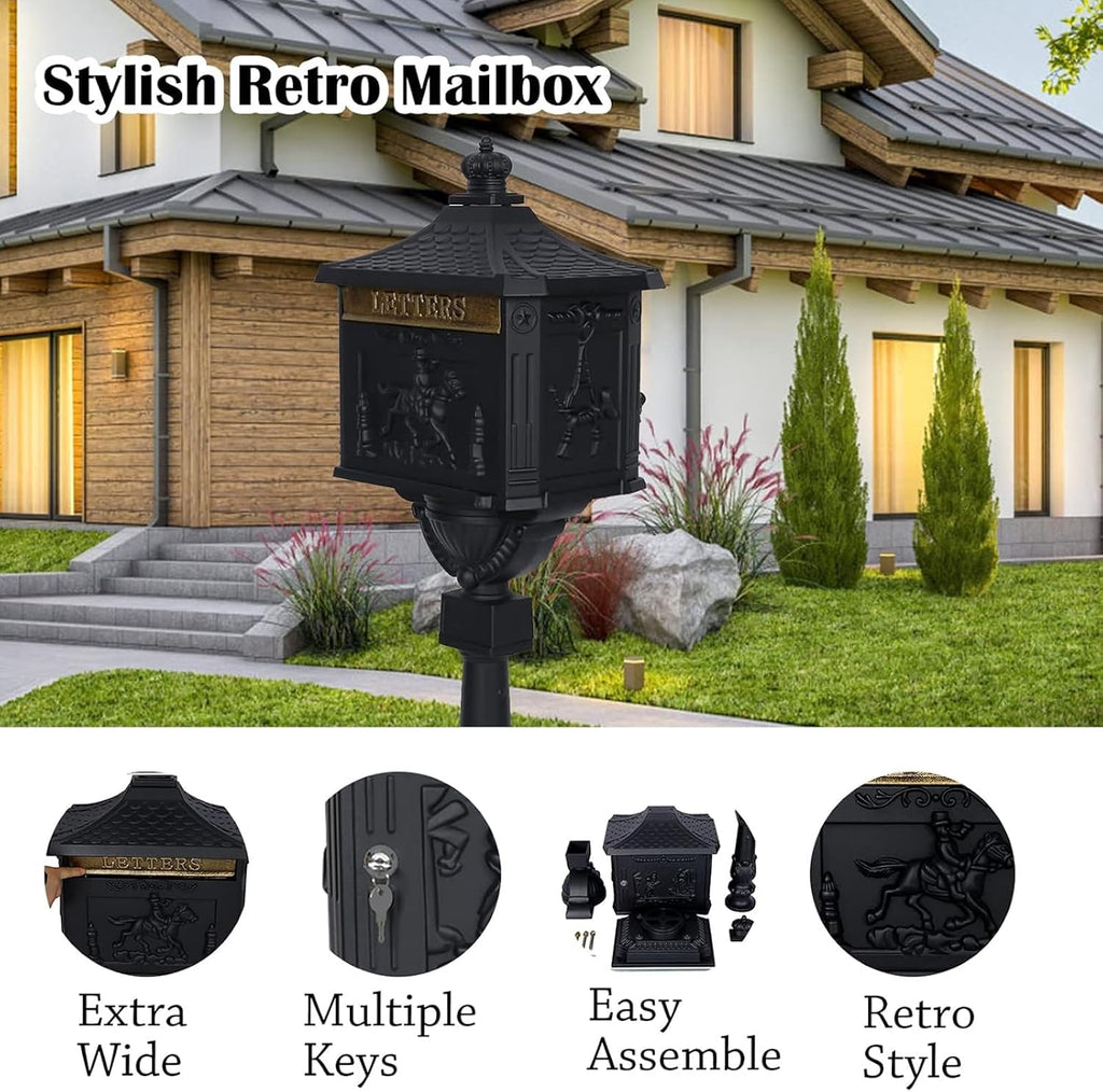 Cast Aluminum Mailbox Postal Box, Locking Mailbox for Outside with Keys, Curbside Mail Manager Outside Weatherproof Rustproof Security Post-Mount Mail Box (Black)
