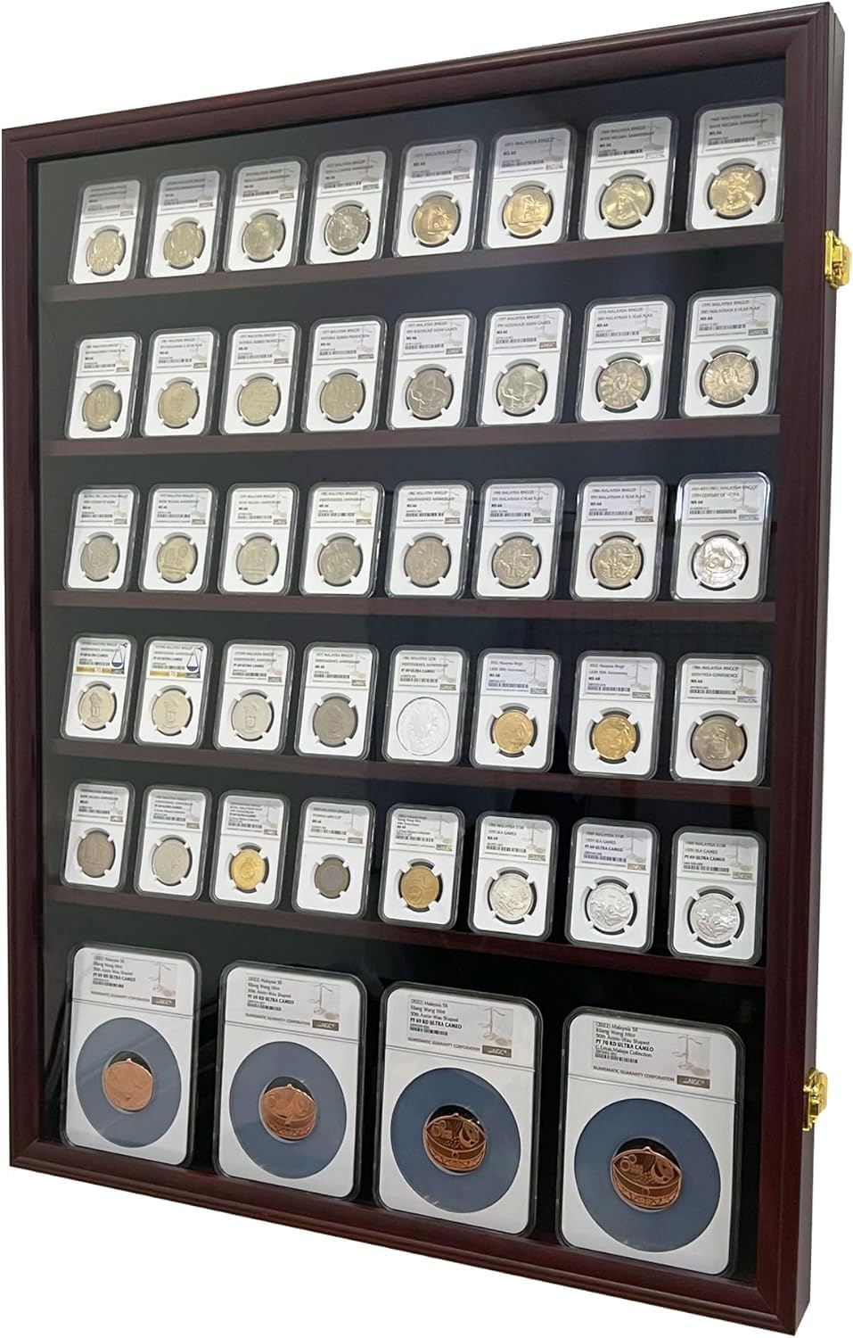 Wall-Mounted Walnut (5 Standard+1 Oversize Row) Wooden Coin Slab Display Case Holder Frame Cabinet Storage for Coin Collection Medal Badges Sport Card Trading Card Collectibles Organization