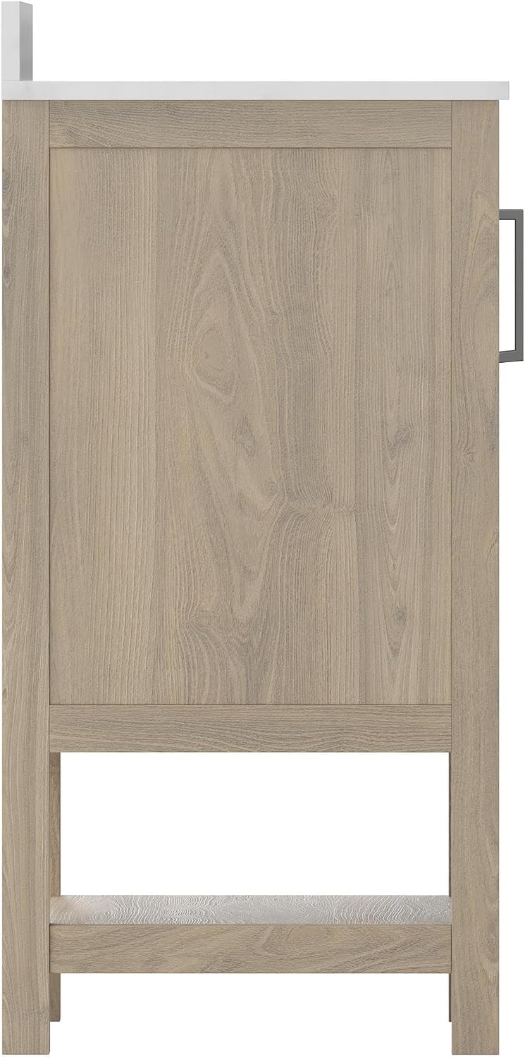 Flash Furniture Vega 24 Inch Bathroom Vanity with Sink Combo, Storage Cabinet with Soft Close Doors and Open Shelf, Carrara Marble Finish Countertop, Brown/White