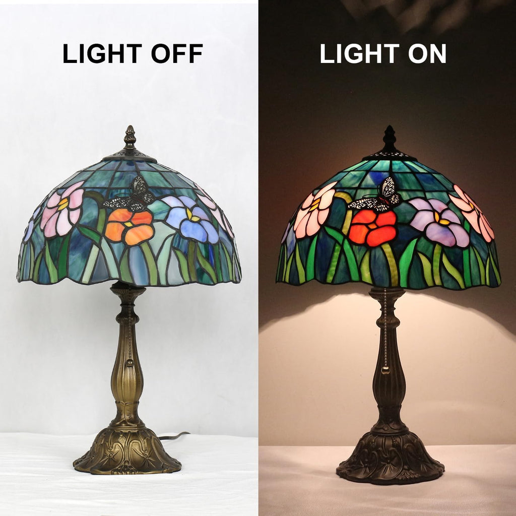 Tiffany Style Table Lamp,Butterfly Flower Table Lamp,12X12X19 Inch Tiffany Reading Light, Stained Glass Desk Decor Lamp.