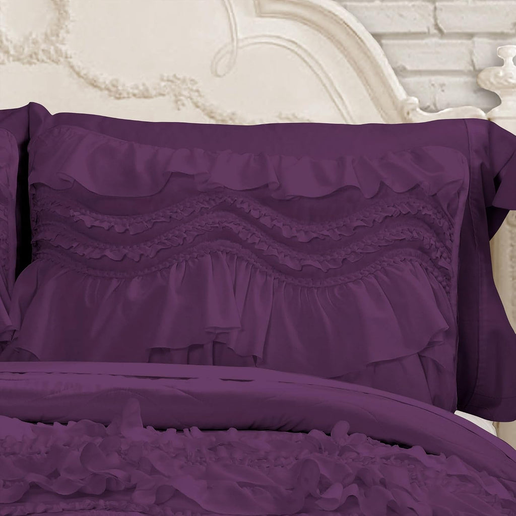 100% Egyptian Cotton, 550 GSM Microfiber Filled Quilt Ruffled Textured 1 Piece Full/Queen Size Comforter, Plum