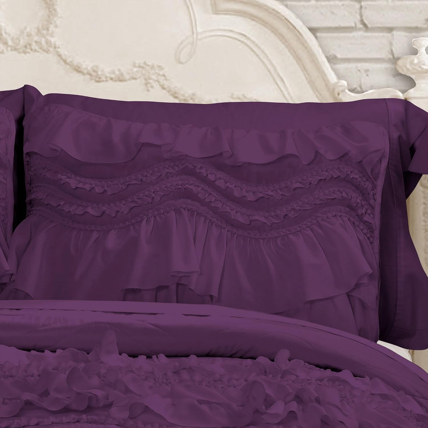 100% Egyptian Cotton, 550 GSM Microfiber Filled Quilt Ruffled Textured 1 Piece Full/Queen Size Comforter, Plum