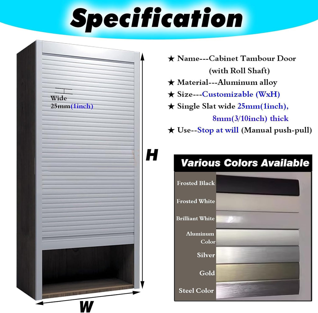 Metal Tambour Door Wall Cabinet with Roll Shaft, Custom Size Straight Sliding Roll Up Gate Kit for RV/Motorhome/Office/Hotel/, Closet Appliance Storage Bins Decor Doors(W 16 x H 24 inch)