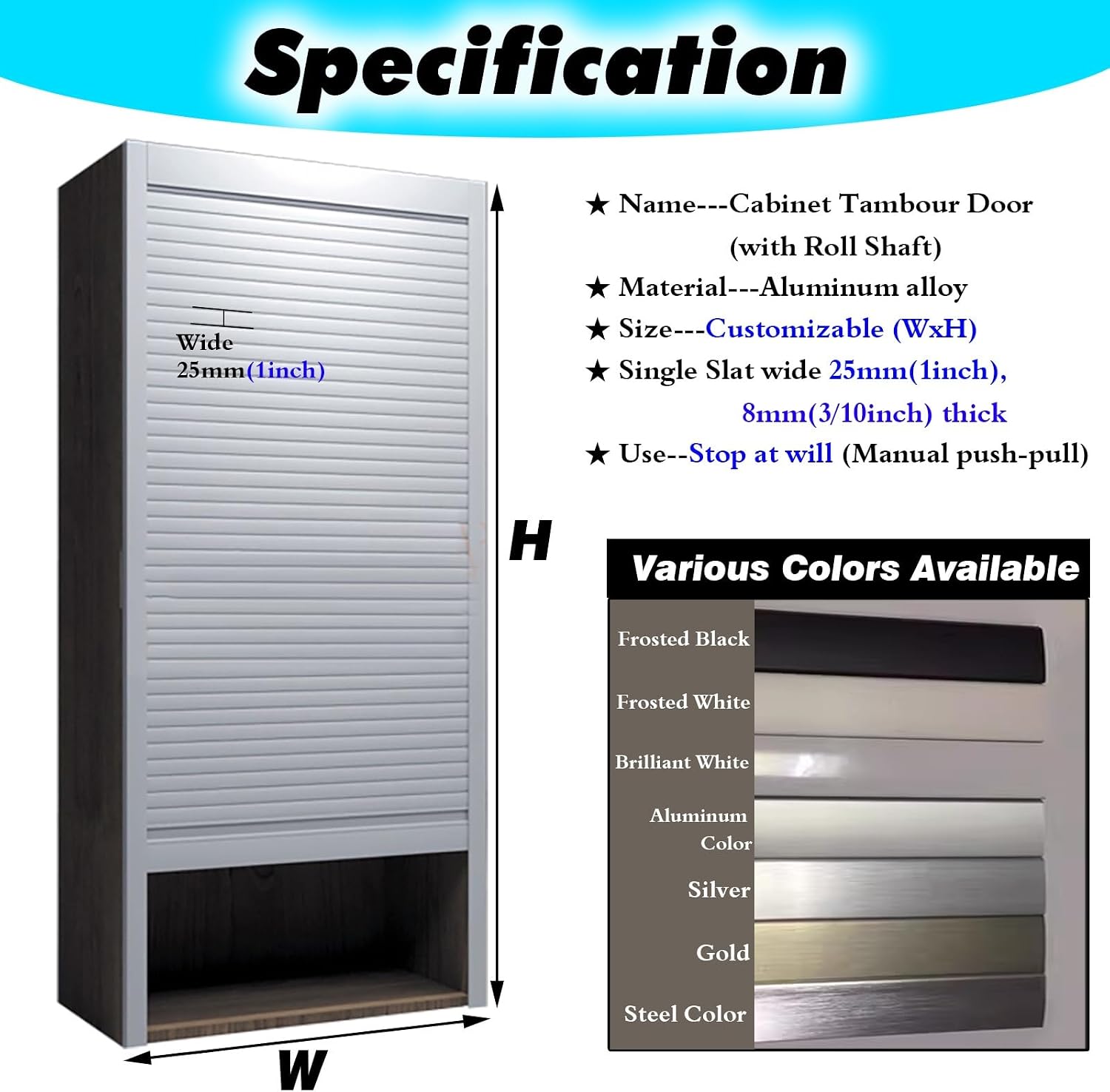 Metal Tambour Door Wall Cabinet with Roll Shaft, Custom Size Straight Sliding Roll Up Gate Kit for RV/Motorhome/Office/Hotel/, Closet Appliance Storage Bins Decor Doors(W 16 x H 24 inch)