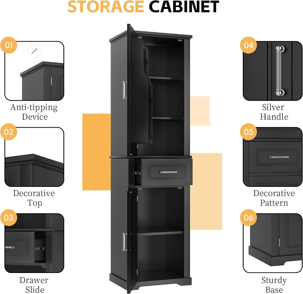 Tall Bathroom Storage Cabinet, Freestanding Bathroom Accent Storage Cabinet with Doors & Adjustable Shelves & Built-in Door Shelf for Home Kitchen, Living Room (Black Style3)