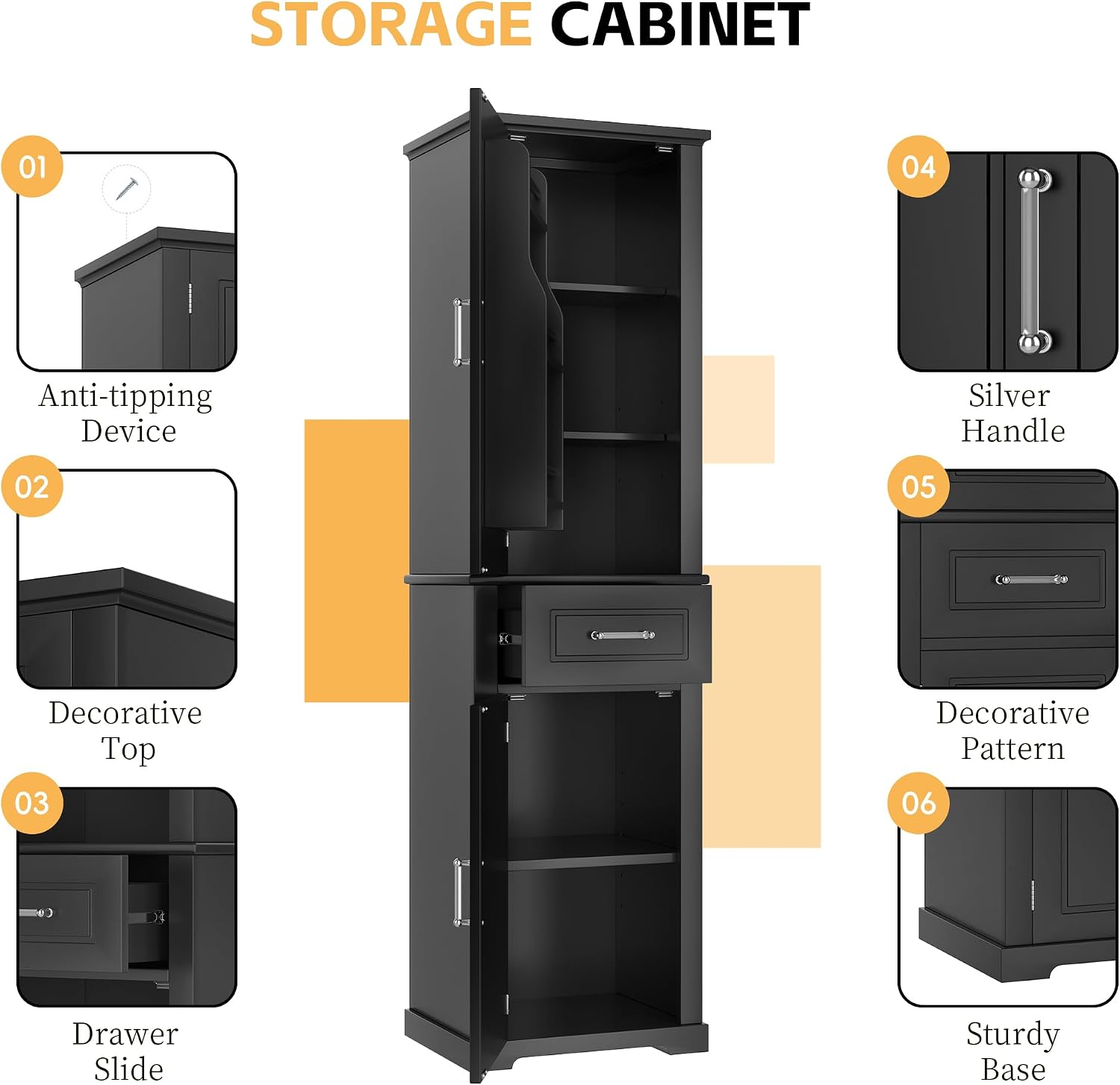 Tall Bathroom Storage Cabinet, Freestanding Bathroom Accent Storage Cabinet with Doors & Adjustable Shelves & Built-in Door Shelf for Home Kitchen, Living Room (Black Style3)