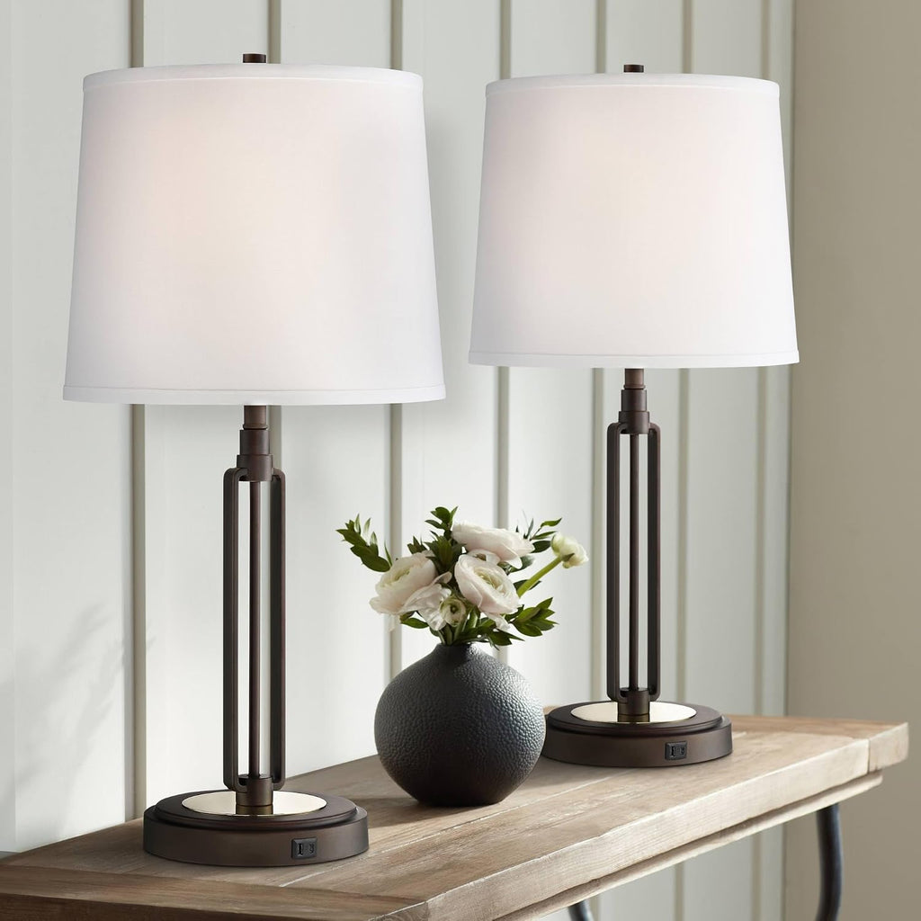 Franklin Iron Works Javier 24 1/2' High Mid Century Modern Rustic Industrial Table Lamps Set of 2 USB Port Brown Bronze Finish Metal White Shade Living Room Charging Bedroom Bedside Nightstand House