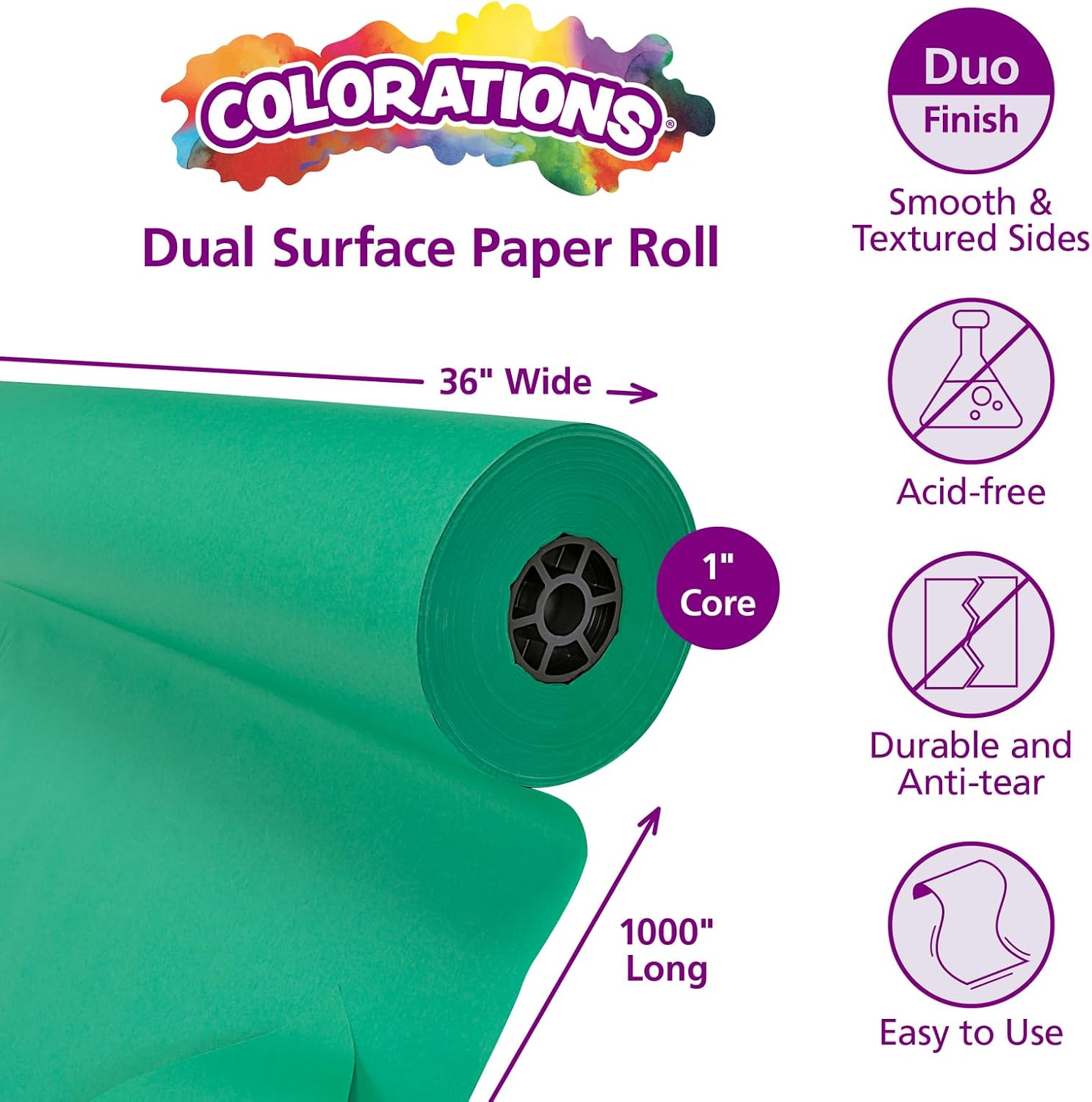 Colorations Dual Surface Paper Roll, Bright Green, 36' x 1000', Textured Paper, Classroom Craft & Art Supplies, Bulletin Board, Gift Wrapping, Chalkboard Wallpaper