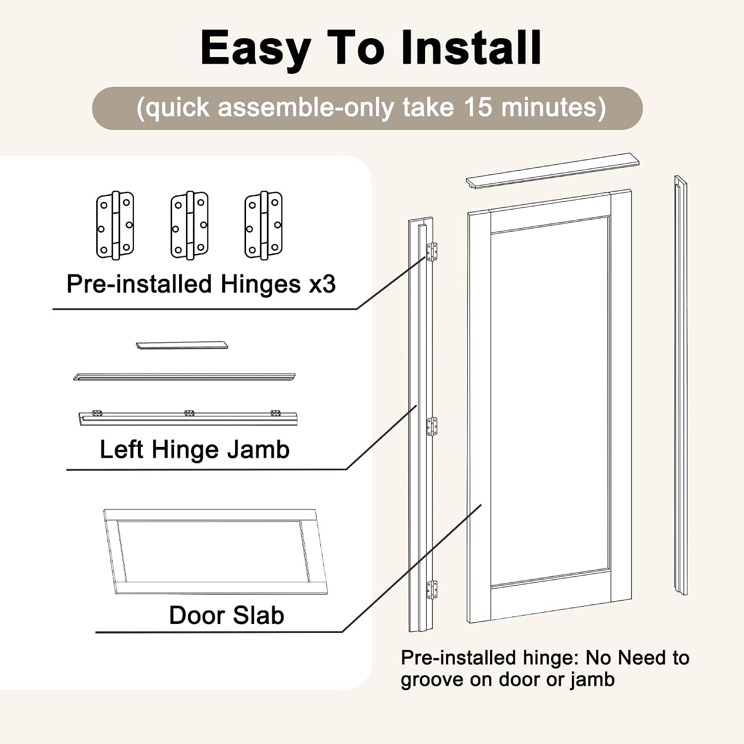 32' x 80' Prehung Door 15-Lite Tempered Clear Glass Slab Doors with Jamb Kit, Solid Core MDF Interior Door for Bathroom Pantry Laundry, Home Doors, Easy Assemble - Left Handed Silver Hinge