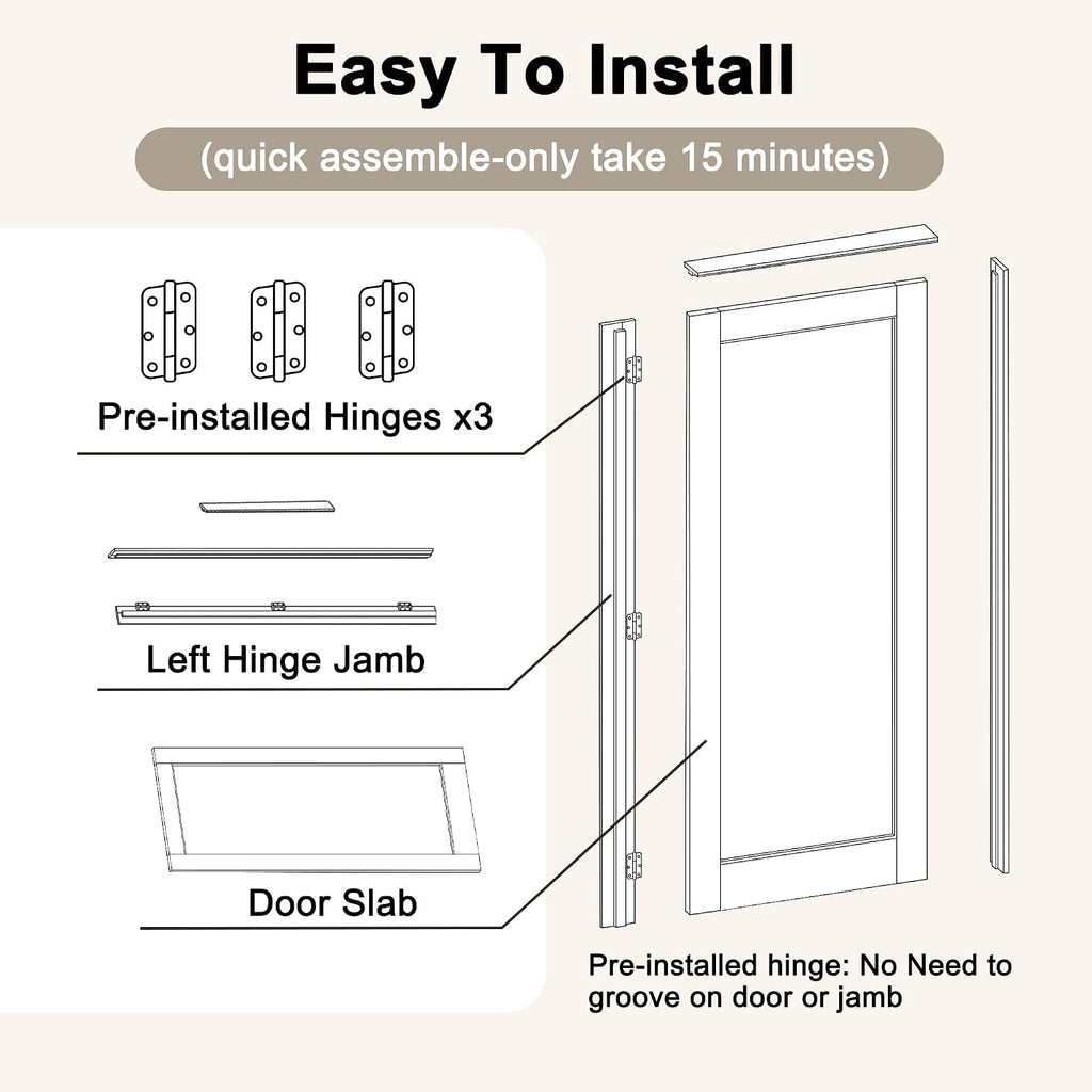 30' x 80' Prehung Door 15-Lite Tempered Clear Glass Slab Doors with Jamb Kit, Solid Core MDF Interior Door for Bathroom Pantry Laundry, Home Doors, Easy Assemble - Left Handed