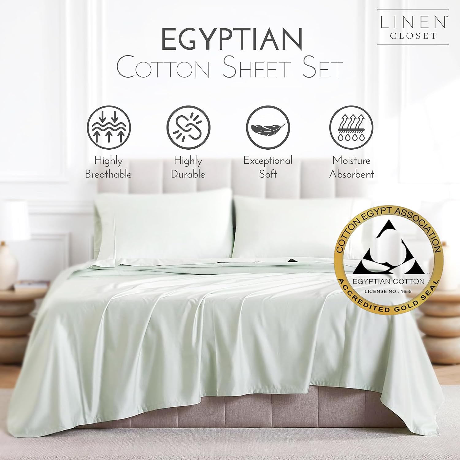 Linen Closet Luxury Cotton 1000 Thread Count Egyptian Cotton 4-Piece Sheet Set, King, Light Green
