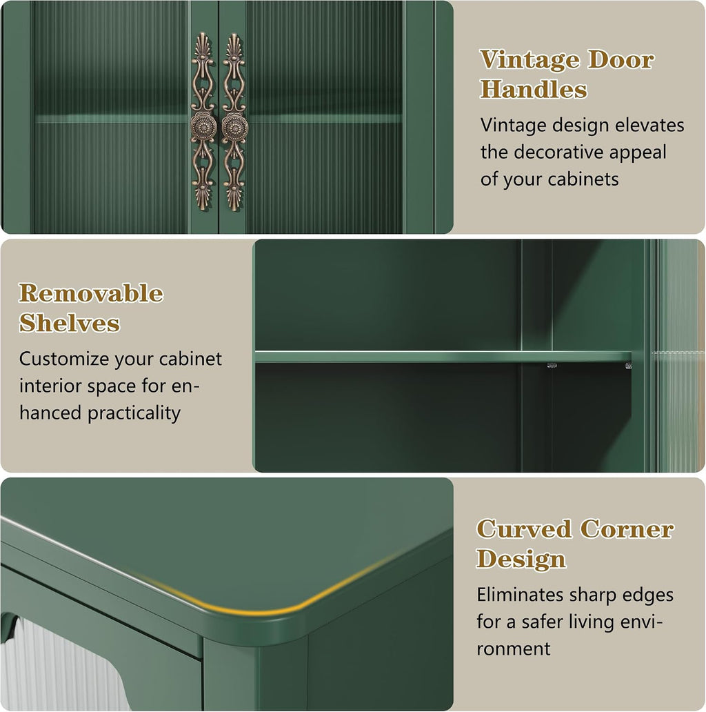 Vintage Buffet Sideboard with 4 Glass Doors, 48' Mid Century Style Storage Cabinet with Shelves, Deractive Crezada, Green Accent Cabinet for Living Room, Kitchen
