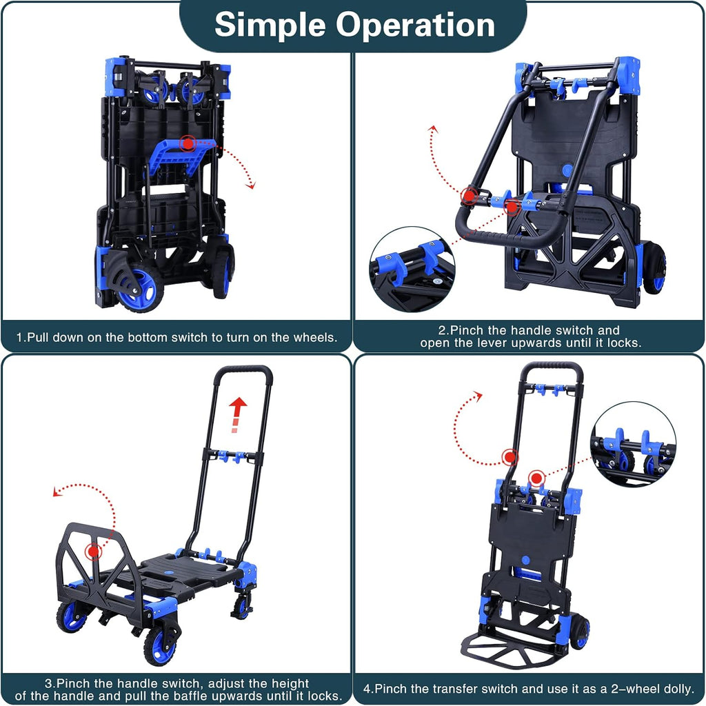 2-in-1 Hand Truck Dolly Foldable,330LB Capacity Hand Dolly,Folding Hand Cart with Retractable Handle,Hand Truck Foldable with 4 Wheels,Portable Handtruck