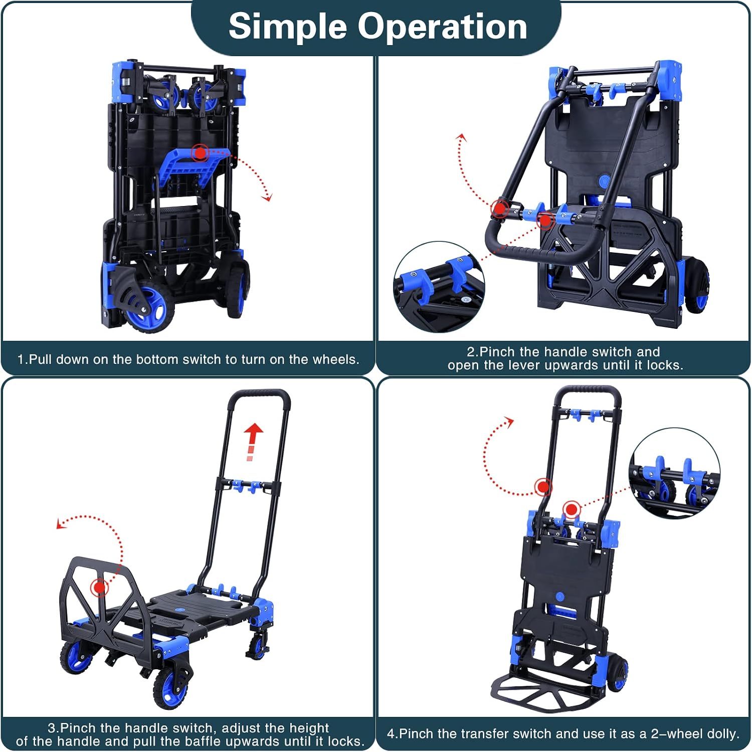 2-in-1 Hand Truck Dolly Foldable,330LB Capacity Hand Dolly,Folding Hand Cart with Retractable Handle,Hand Truck Foldable with 4 Wheels,Portable Handtruck