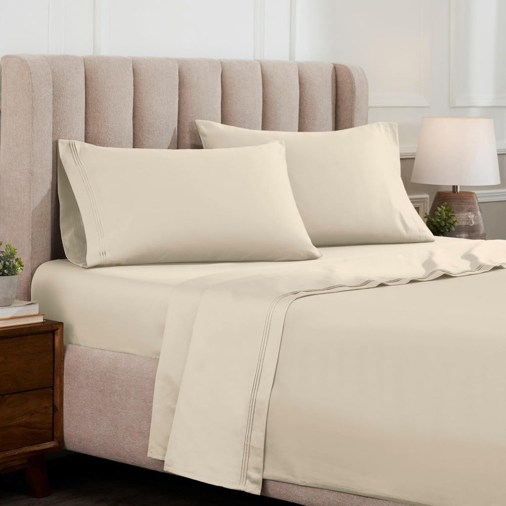 Superior Egyptian Cotton 4 Piece Sheet Set, Luxury 1000 Thread Count, Modern Design, Sustainable Sheets, Ultra-Soft Basics, Solid, Deep Pocket Fitted Sheet, Flat Sheet, Pillowcases, Queen, Ivory