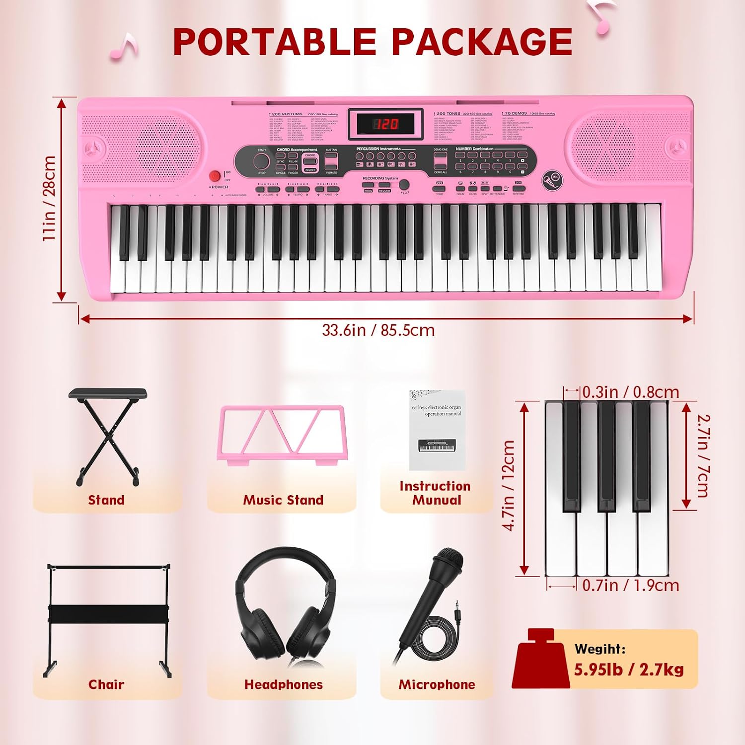 Fenbeli 61 Key Keyboard Piano for Beginners, Electric Piano Keyboard with Stand and Bench, Microphone, Headphone, Sheet Music Stand, LED Screen, 200 Tones, Teaching Mode, Holiday Gift