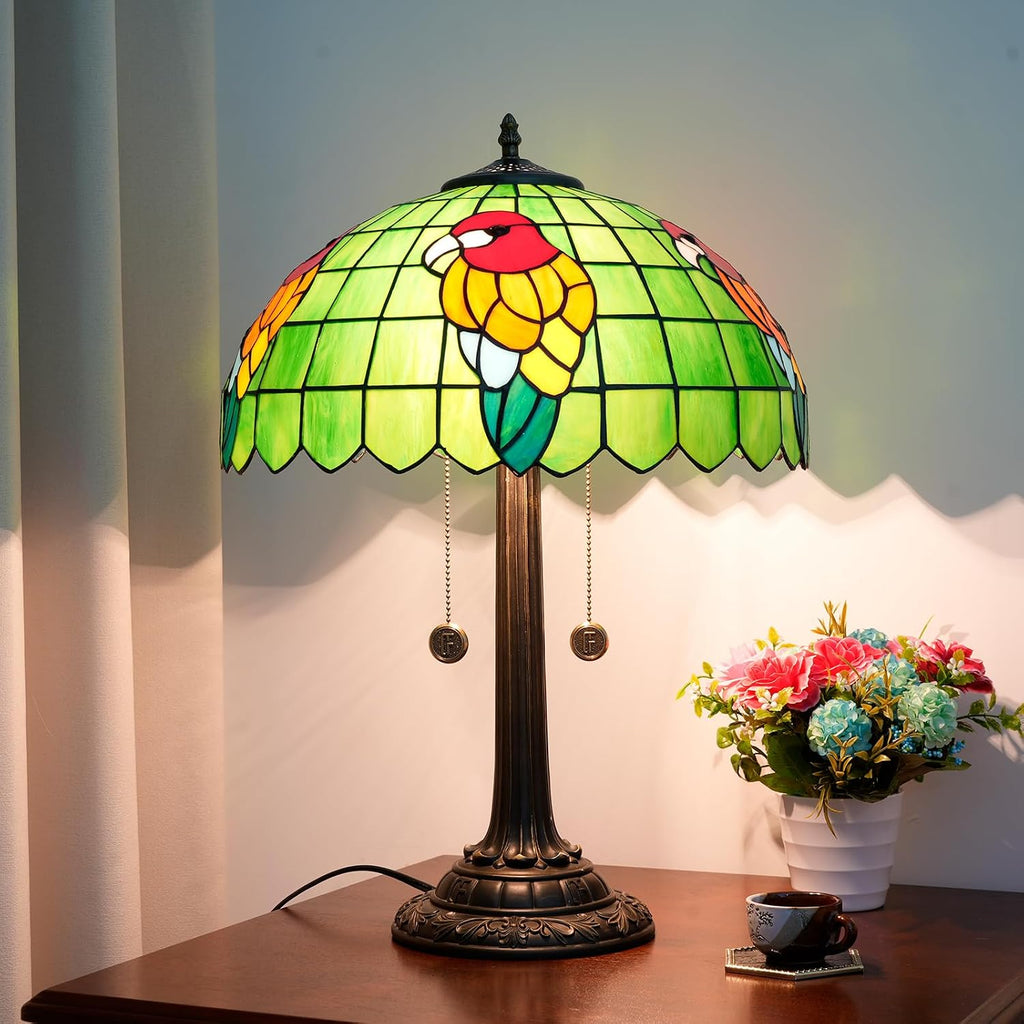Tiffany Table Lamp Green Stained Glass Parrot Style Bedside Lamp 16X16X23 Inches Desk Decor Light Classic Farmhouse Reading Table Lamps for Home Office