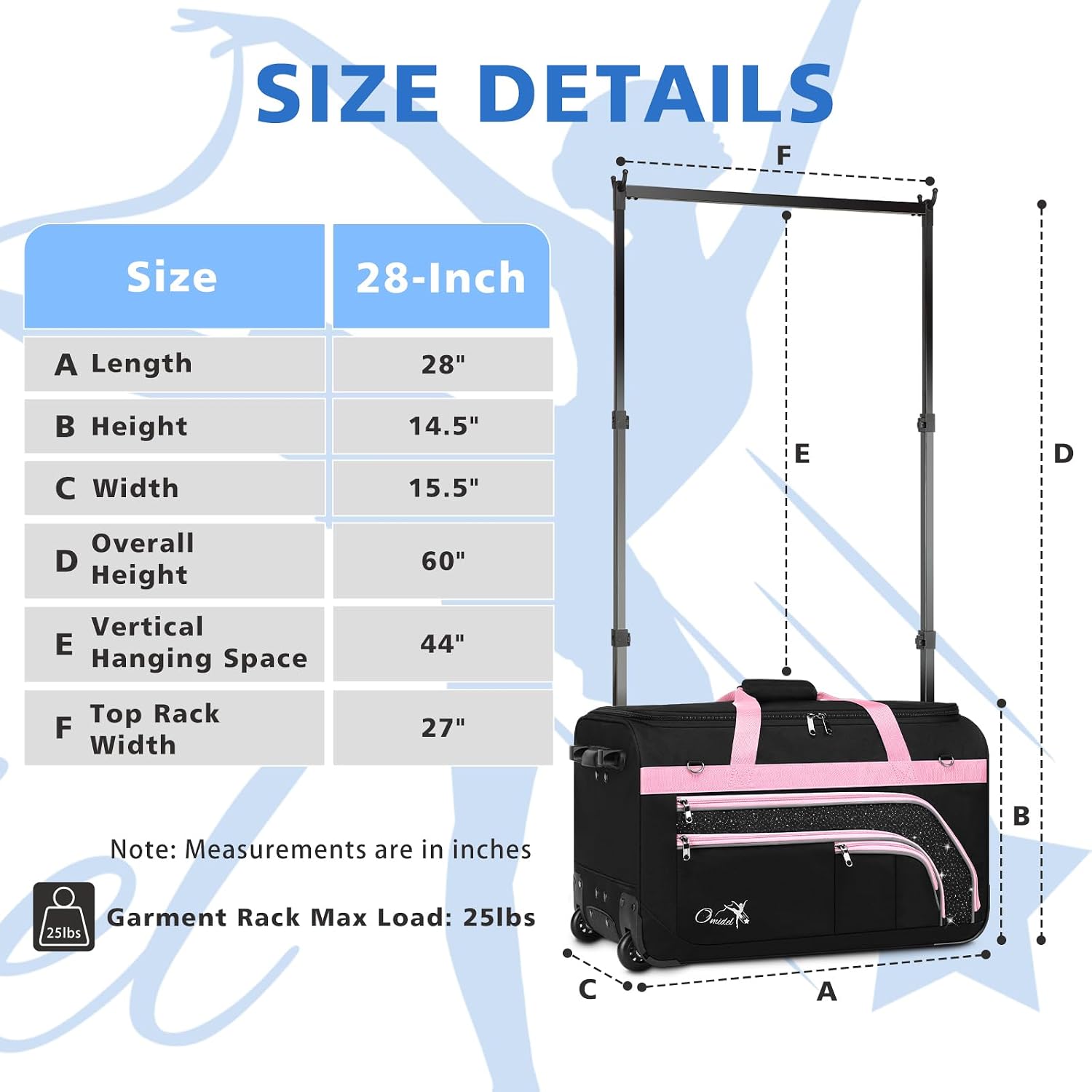 Dance Bag with Garment Rack, 28' Rolling Dance Suitcase Competition Duffle Bag with Garment Rack & Wheels | Versatile Compartments, Upgraded Stable System for Dance Shows, Travel, Cheer, Recital