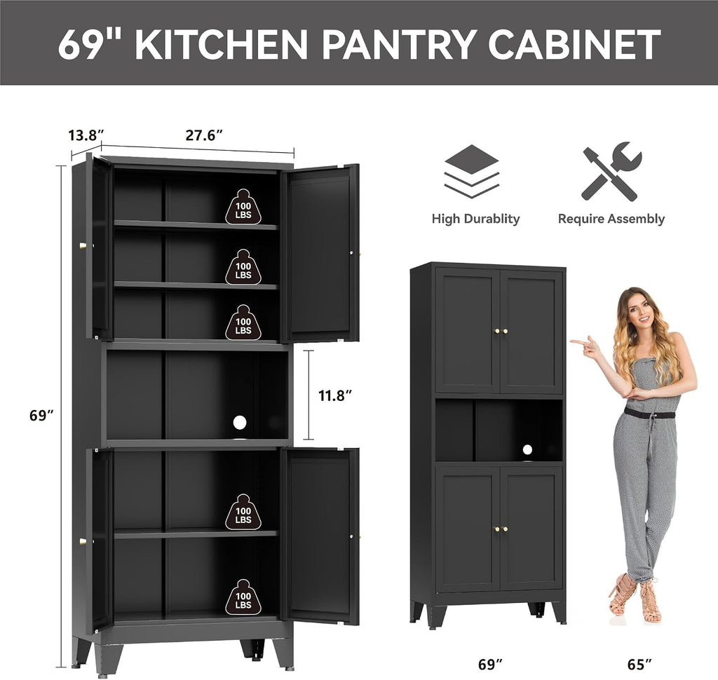 Bevivog Black Pantry Cabinet, 69' Tall Metal Storage Cabinet with Hutch, 4 Doors Pantry Shelves Microwave Stand, Freestanding Tall Bathroom Storage Cabinet for Kitchen, Dining Room, Laundry Room