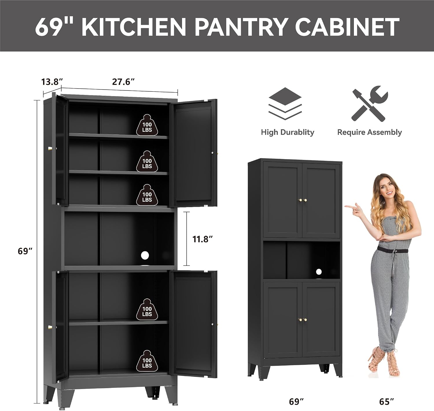 Bevivog Black Pantry Cabinet, 69' Tall Metal Storage Cabinet with Hutch, 4 Doors Pantry Shelves Microwave Stand, Freestanding Tall Bathroom Storage Cabinet for Kitchen, Dining Room, Laundry Room