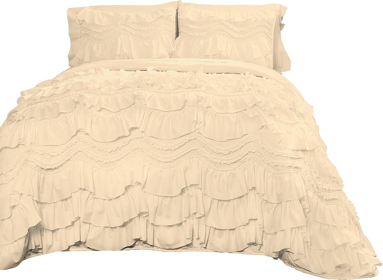 100% Egyptian Cotton, 550 GSM Microfiber Filled Quilt Ruffled Textured 3 Piece Full/Queen Size Comforter Set, Ivory
